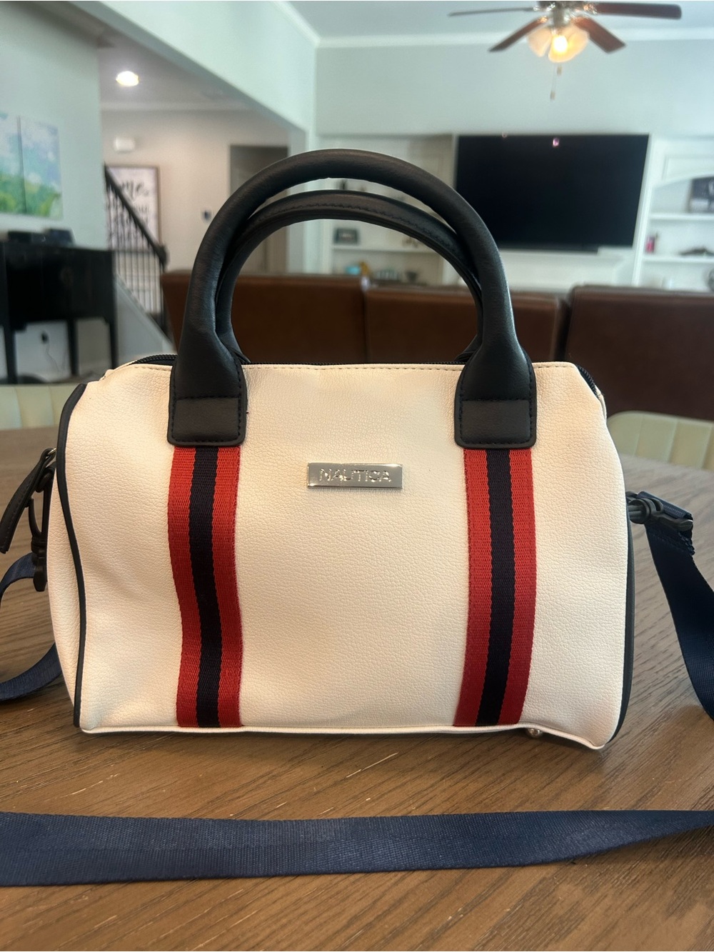 Nautica White Women's Satchel with Red & Navy Stripes